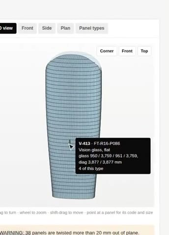A curved tower in the Mullions 3D view, with one panel's glass code shown